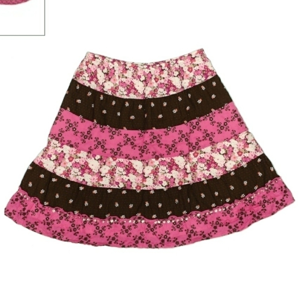 👗 Justice Color Block Skirt Pink Brown Girl's Size 10 Sequins Eyelet Embroidery
